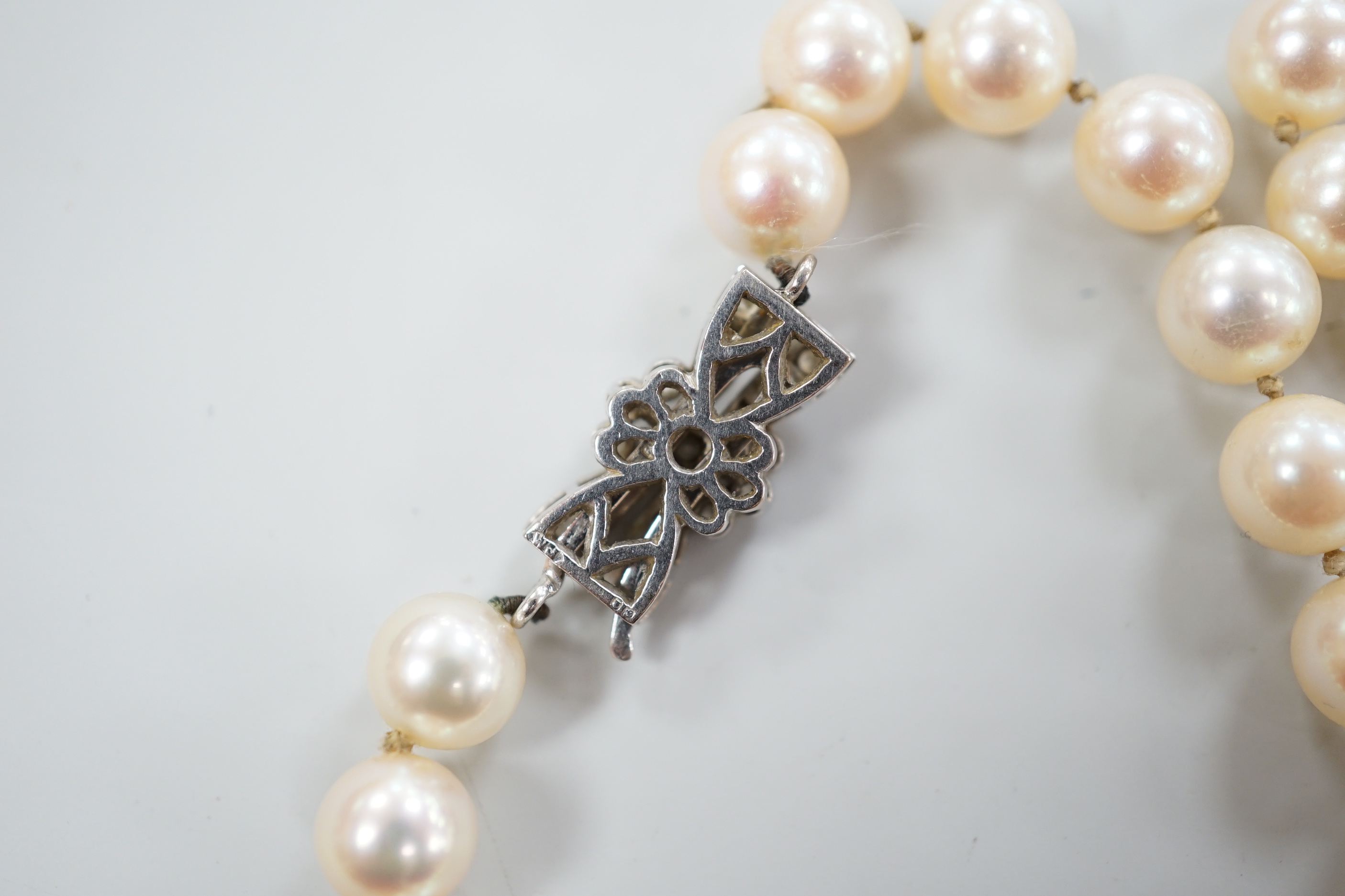 A single strand cultured pearl necklace, with diamond set 18ct white gold clasp, 48cm.